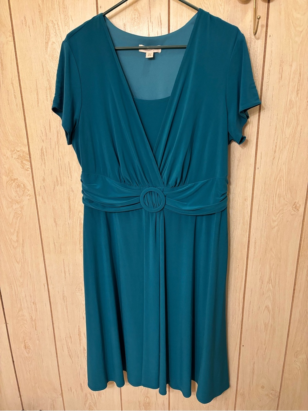 Coldwater Creek Teal Faux-Wrap Midi Dress with Ring Detail